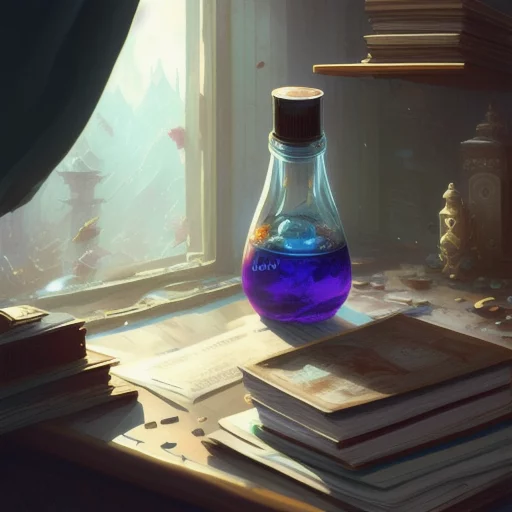 3443038595-Arcane style, one single colorful potion in a round bottle with a glowing galactic landscape inside of it on a messy brown table.webp